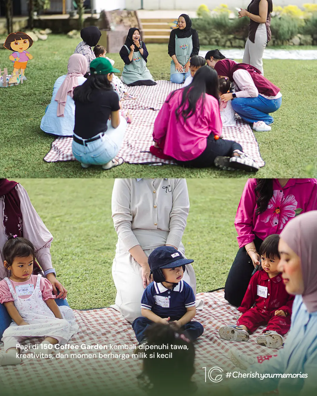 Keluarga duduk bersama di atas tikar piknik di halaman rumput
