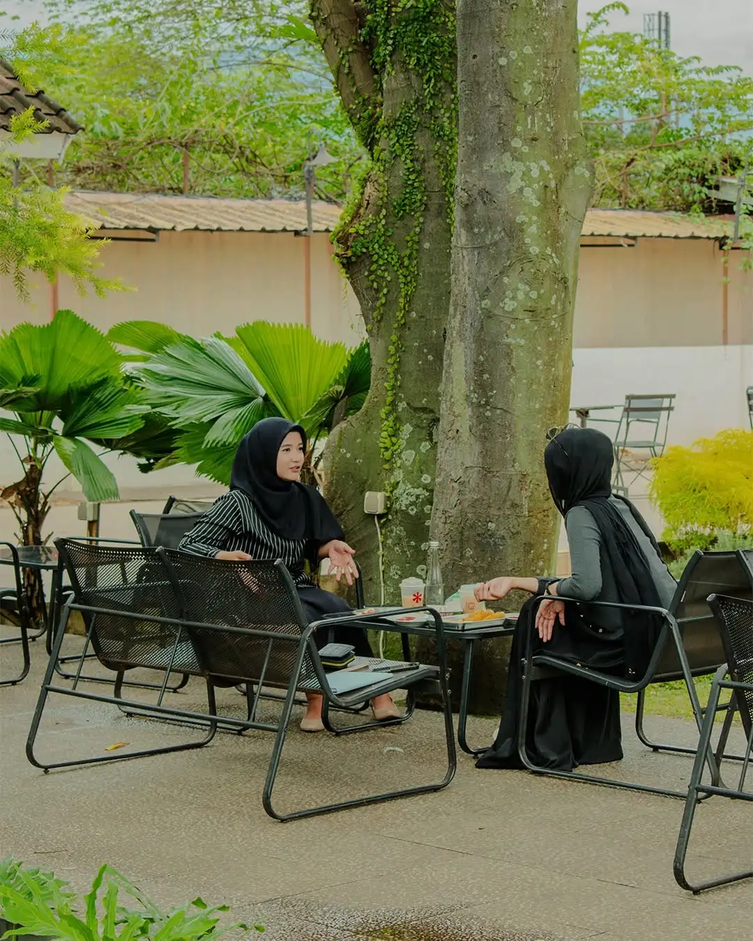 Tamu duduk di kursi taman di bawah pohon besar yang rindang
