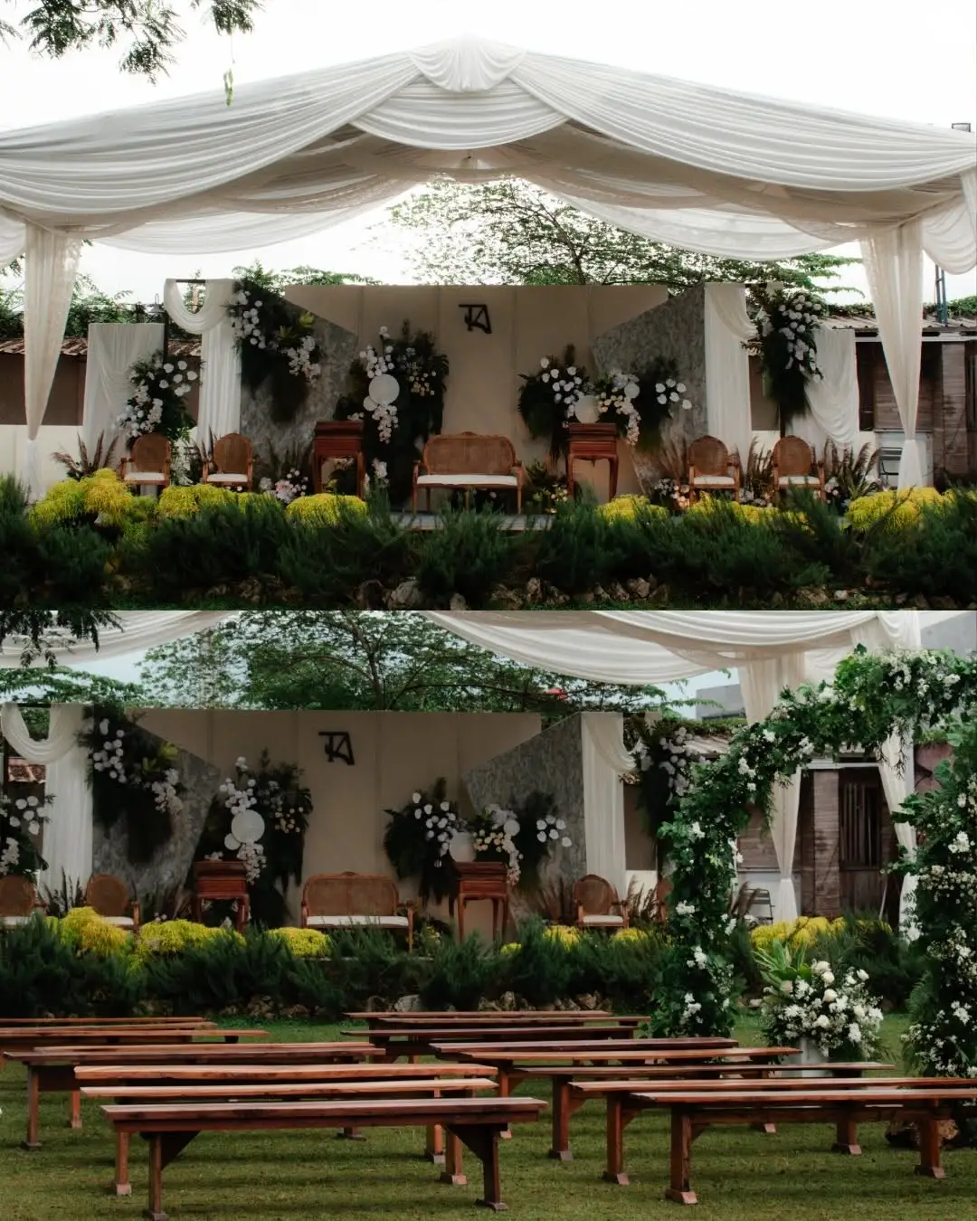 Pelaminan taman dengan kursi kayu dan bangku panjang untuk tamu