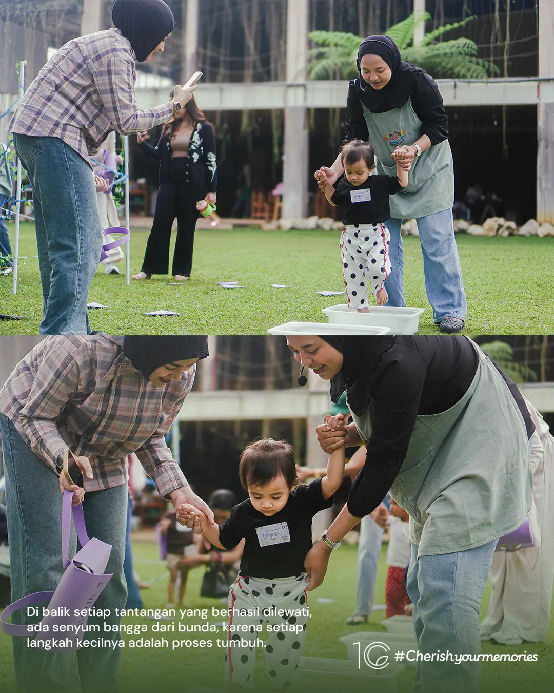 Mentor mendampingi anak kecil dalam sebuah aktivitas di rumput