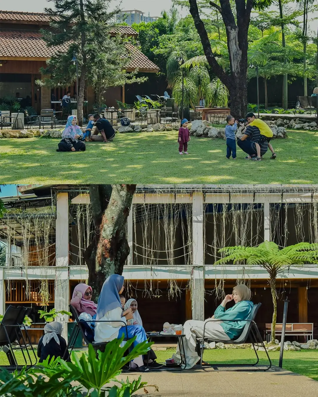 Tamu tersebar di halaman rumput dengan bangunan kafe di belakang